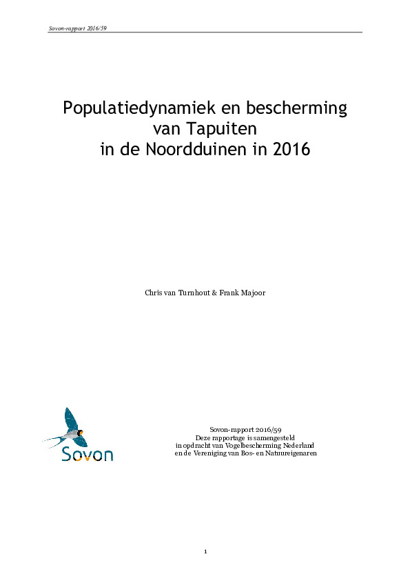Omslag Populatiedynamiek en bescherming van Tapuiten in de Noordduinen in 2016