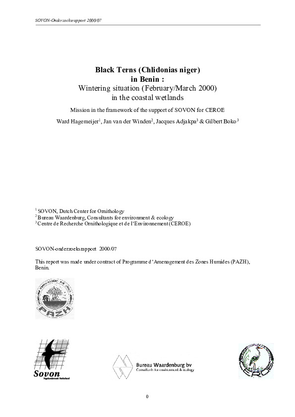 Omslag Black Terns Chlidonias niger in Benin: Wintering situation (Ferbruary/March 2000) in the coastal wetlands; Mission in the framework of the support of SOVON for COEROE