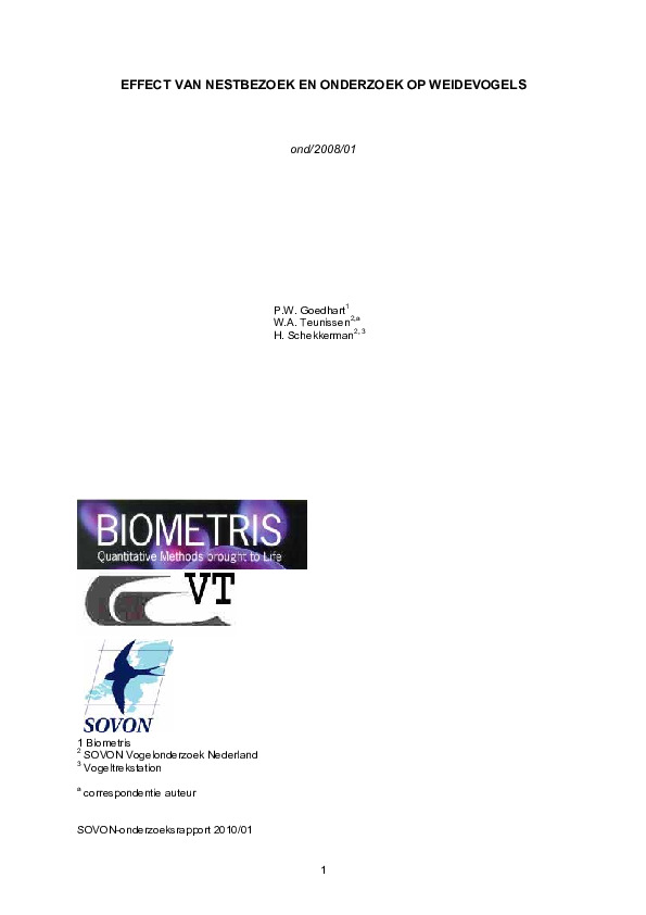 Omslag Effect van nestbezoek en onderzoek op weidevogels