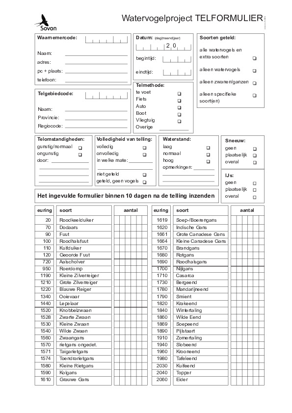 Omslag Watervogelproject telformulier