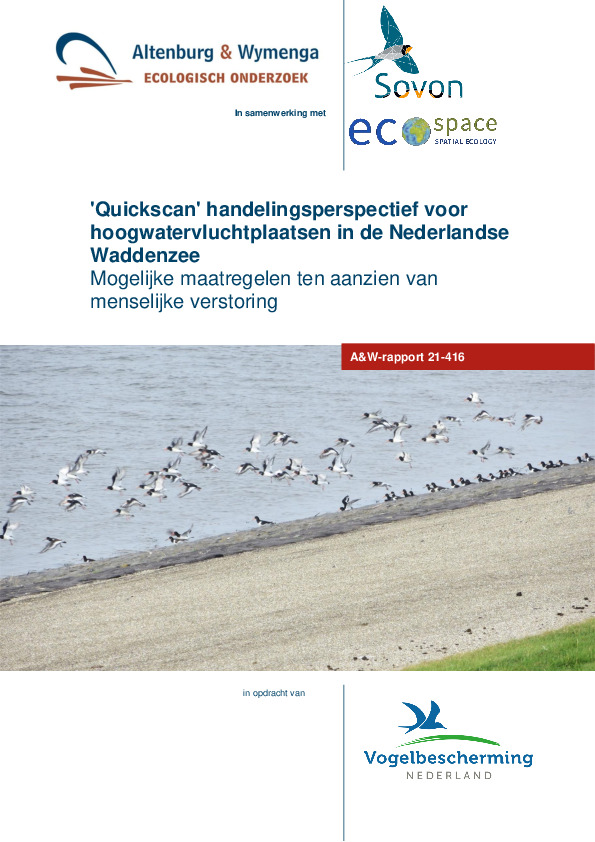 Omslag 'Quickscan' handelingsperspectief voor hoogwatervluchtplaatsen in de Nederlandse Waddenzee. Mogelijke maatregelen ten aanzien van menselijke verstoring.