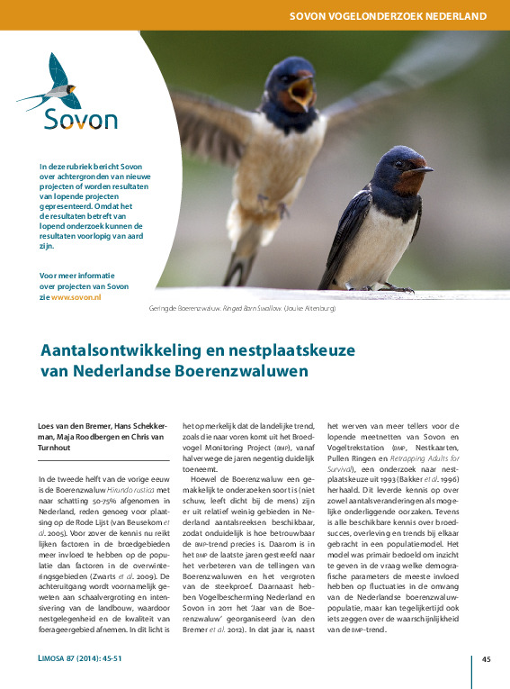 Omslag Aantalsontwikkeling en nestplaatskeuze van Nederlandse Boerenzwaluwen