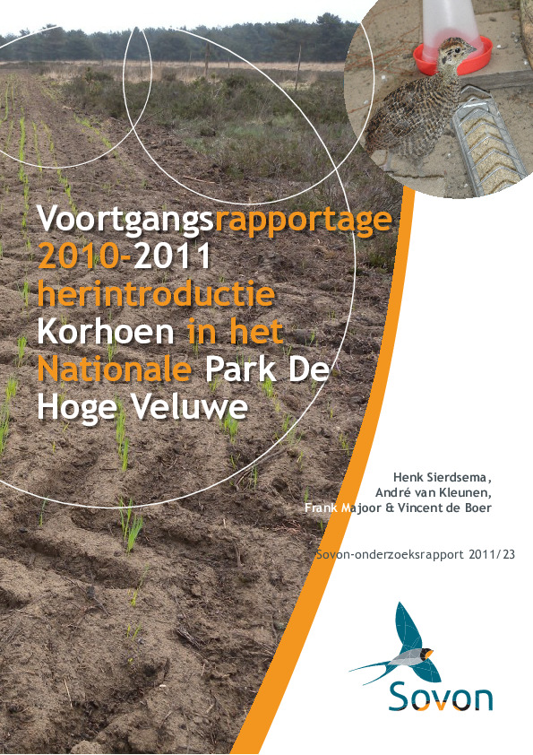 Omslag Voortgangsrapportage 2010-2011 herintroductie Korhoen in het Nationale Park De Hoge Veluwe najaar 2010- zomer 2011