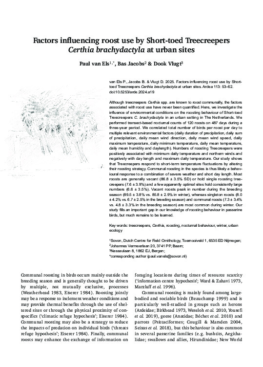 Omslag Factors influencing roost use by Short-toed Treecreepers Certhia brachydactyla at urban sites
