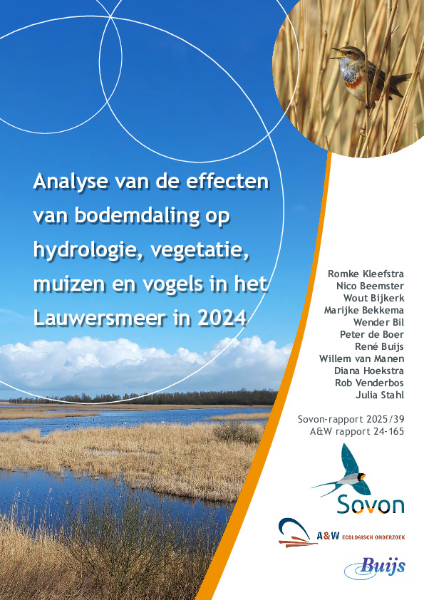 Omslag Analyse van de effecten  van bodemdaling op  hydrologie, vegetatie,  muizen en vogels in het  Lauwersmeer in 2024