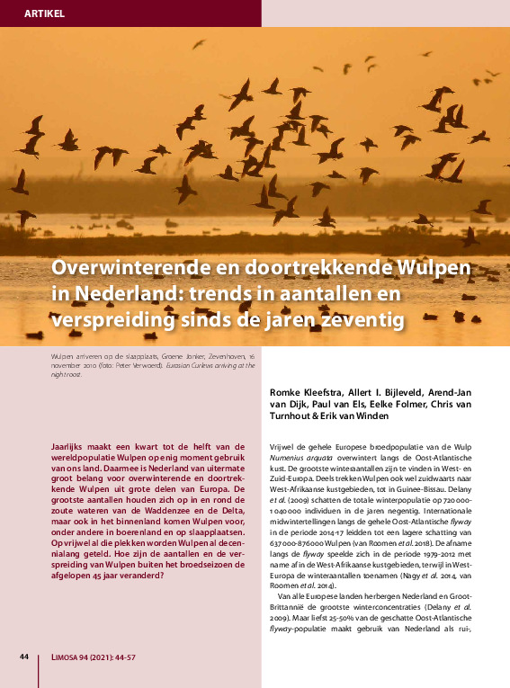 Omslag Overwinterende en doortrekkende Wulpen  in Nederland: trends in aantallen en   verspreiding sinds de jaren zeventig