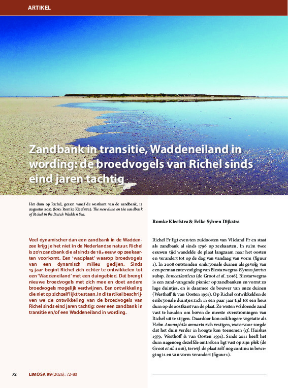 Omslag Zandbank in transitie, Waddeneiland in  wording: de broedvogels van Richel sinds  eind jaren tachtig
