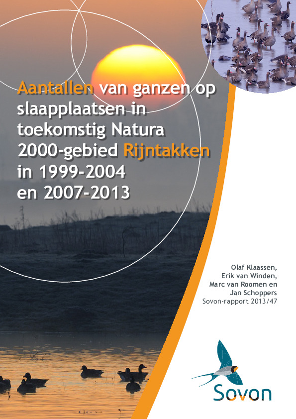 Omslag Aantallen van ganzen op slaapplaatsen in toekomstig Natura 2000-gebied Rijntakken in 1999-2004 en 2007-2013
