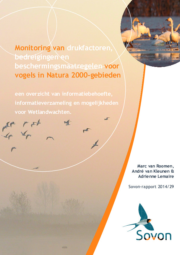 Omslag Monitoring van drukfactoren, bedreigingen en beschermingsmaatregelen voor vogels in Natura 2000-gebieden: een overzicht van informatiebehoefte, informatieverzameling en mogelijkheden voor Wetlandwachten.