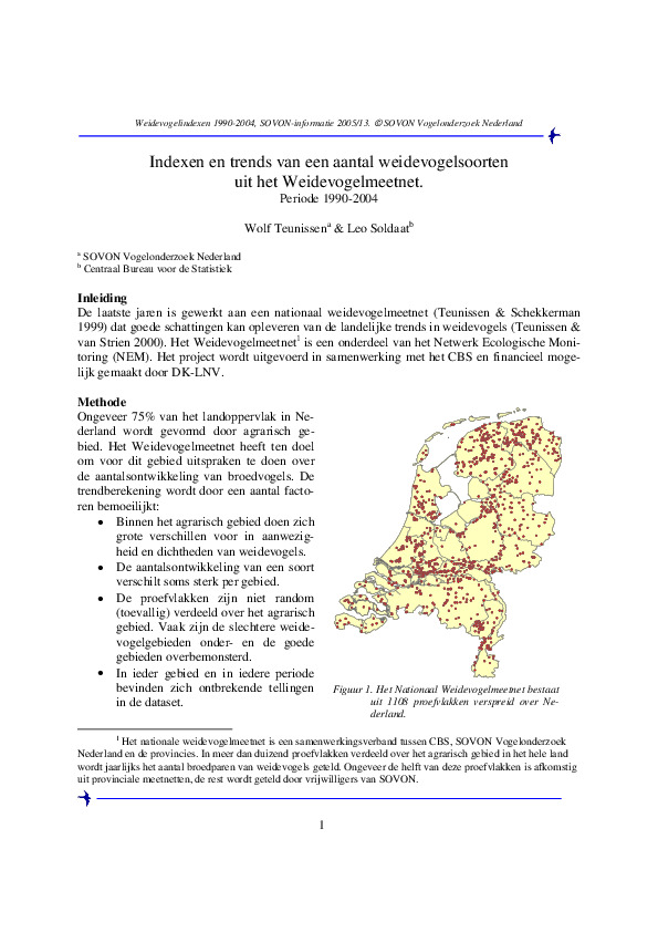 Omslag Indexen en trends van een aantal weidevogelsoorten uit het Weidevogelmeetnet; Periode 1990-2004