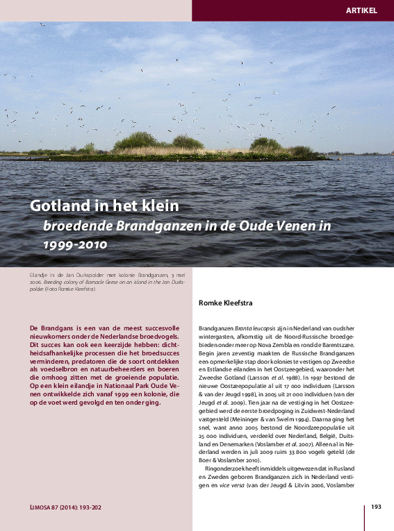 Omslag Gotland in het klein: broedende Brandganzen in de Oude Venen in 1998-2010