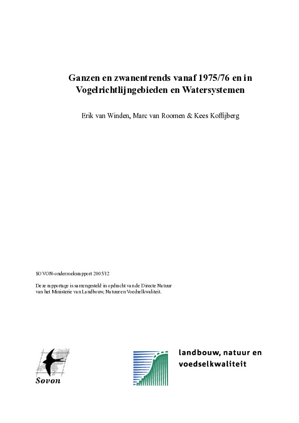 Omslag Ganzen- en zwanentrends vanaf 1975/76 in Vogelrichtlijngebieden en watersystemen