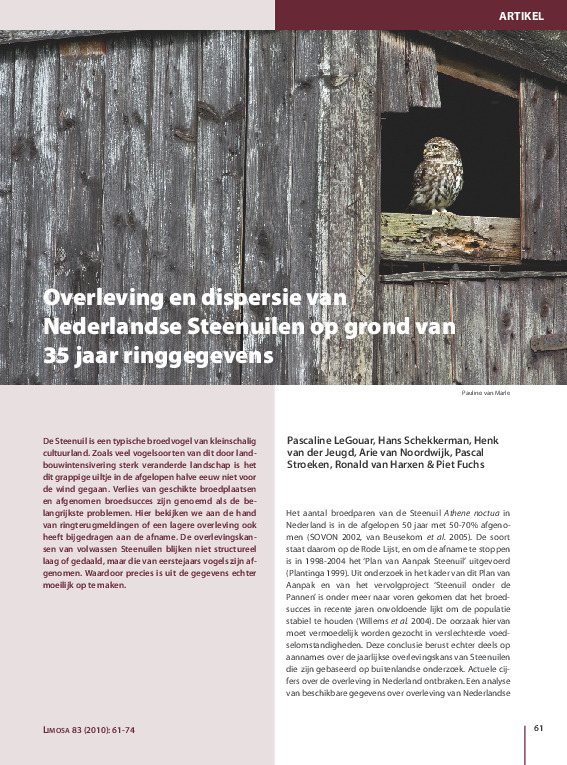 Omslag Overleving en dispersie van Nederlandse Steenuilen op grond van 35 jaar ringgegevens
