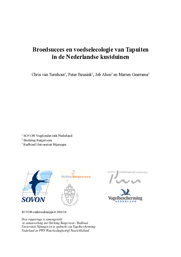 Omslag Broedsucces en voedselecologie van Tapuiten in de Nederlandse kustduinen