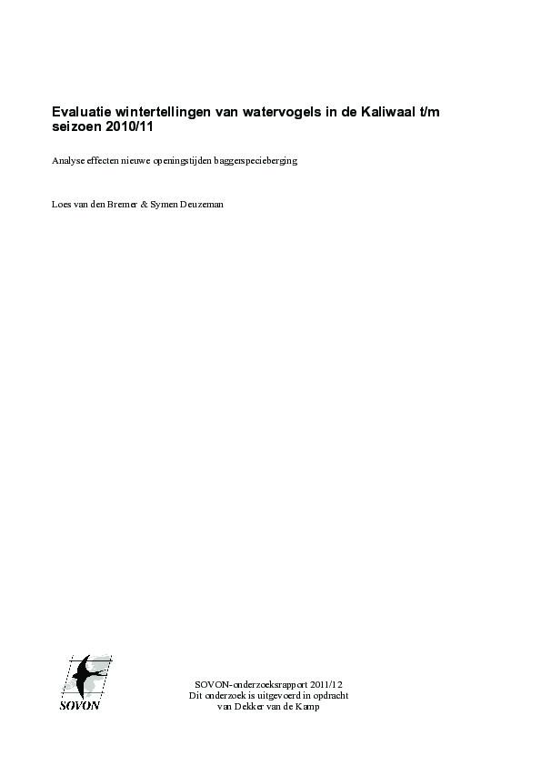 Omslag Evaluatie wintertellingen van watervogels in de Kaliwaal t/m seizoen 2010/11; analyse effecten nieuwe openingstijden baggerspecieberging